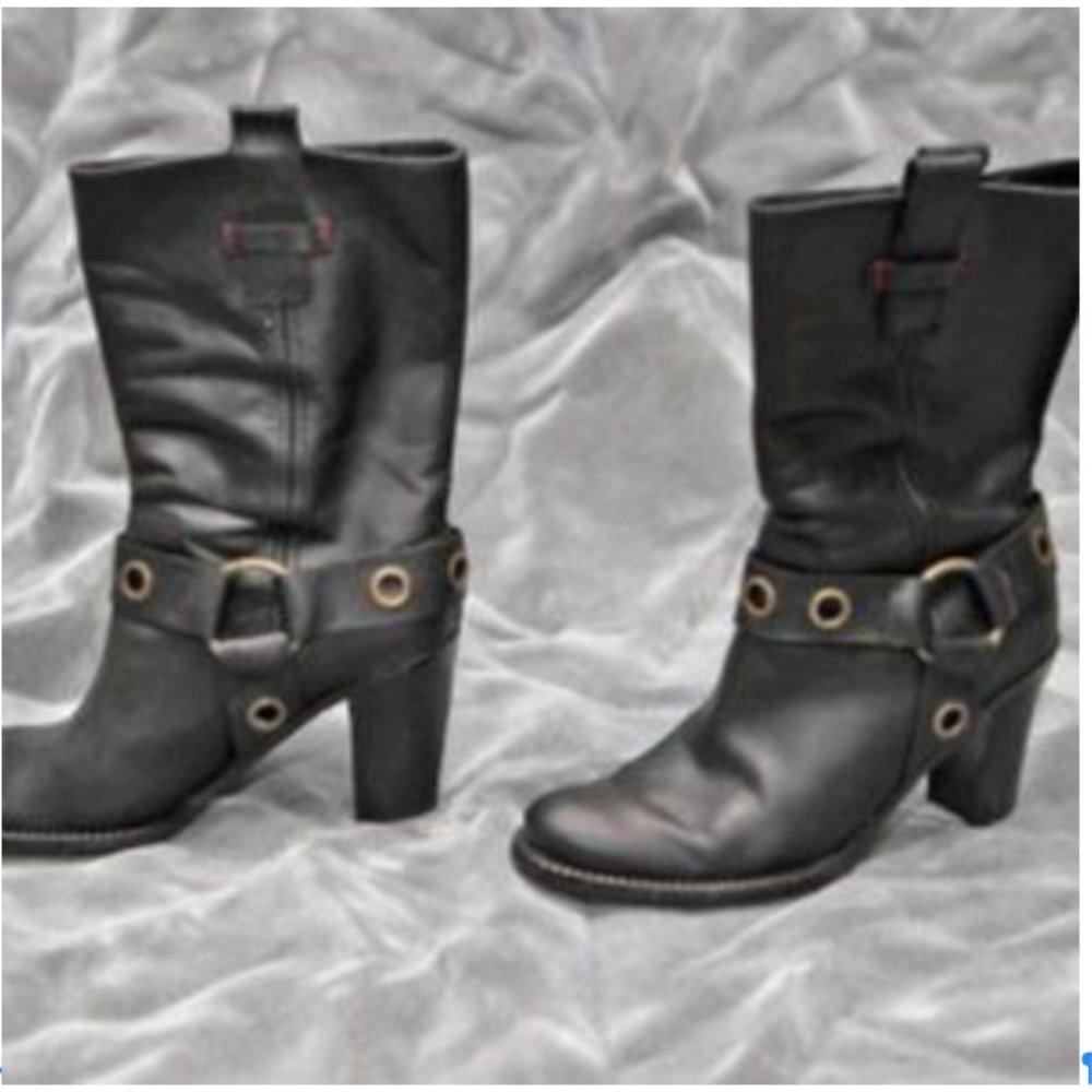 “T.Hilfiger” black, high heeled harness booties, 7.5